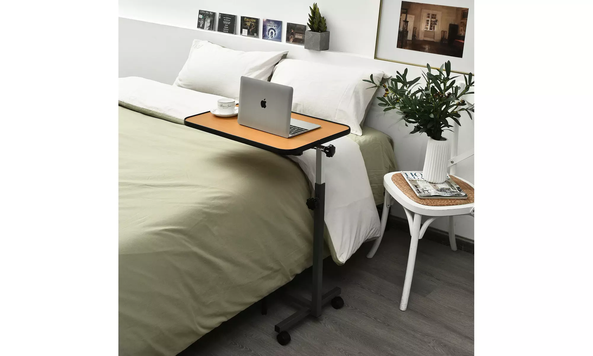 Costway Set of 2 Overbed Rolling Table Over Bed Laptop Desk Tilting Top Natural