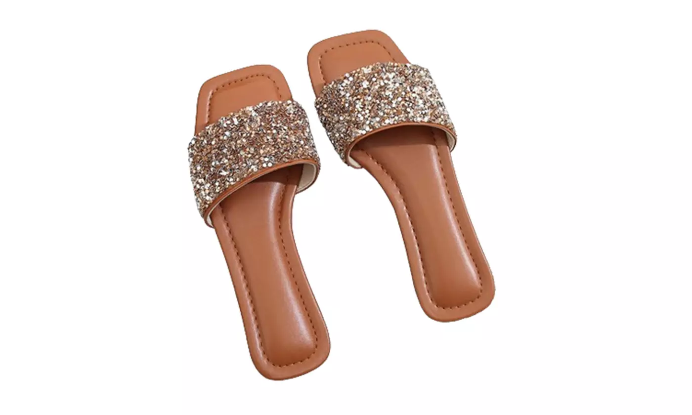 Women's Sparkly Flat Open Toe Slides 