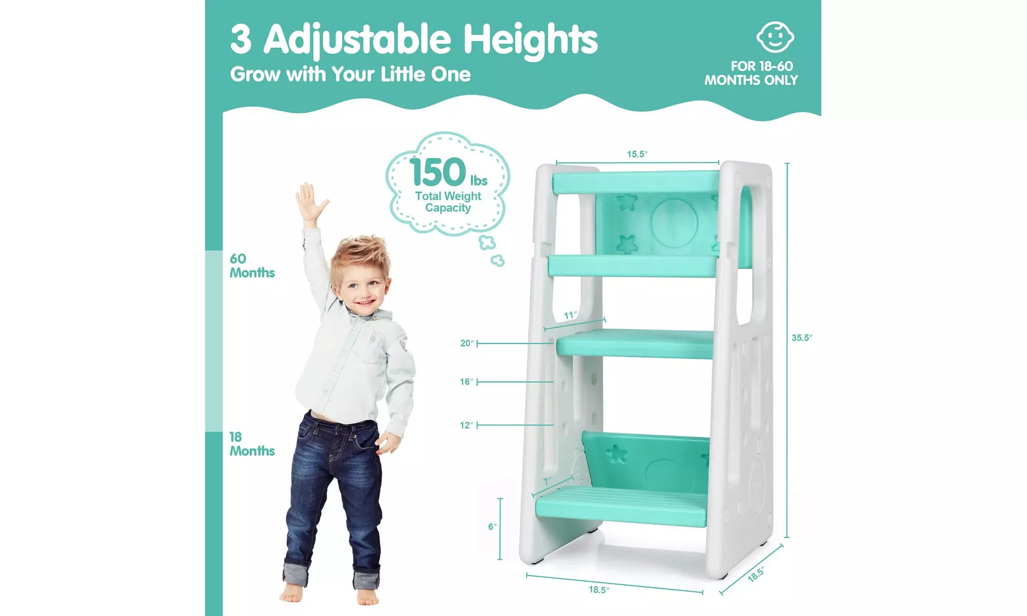 Kids Kitchen Step Stool with Double Safety Rails Toddler Learning Stool