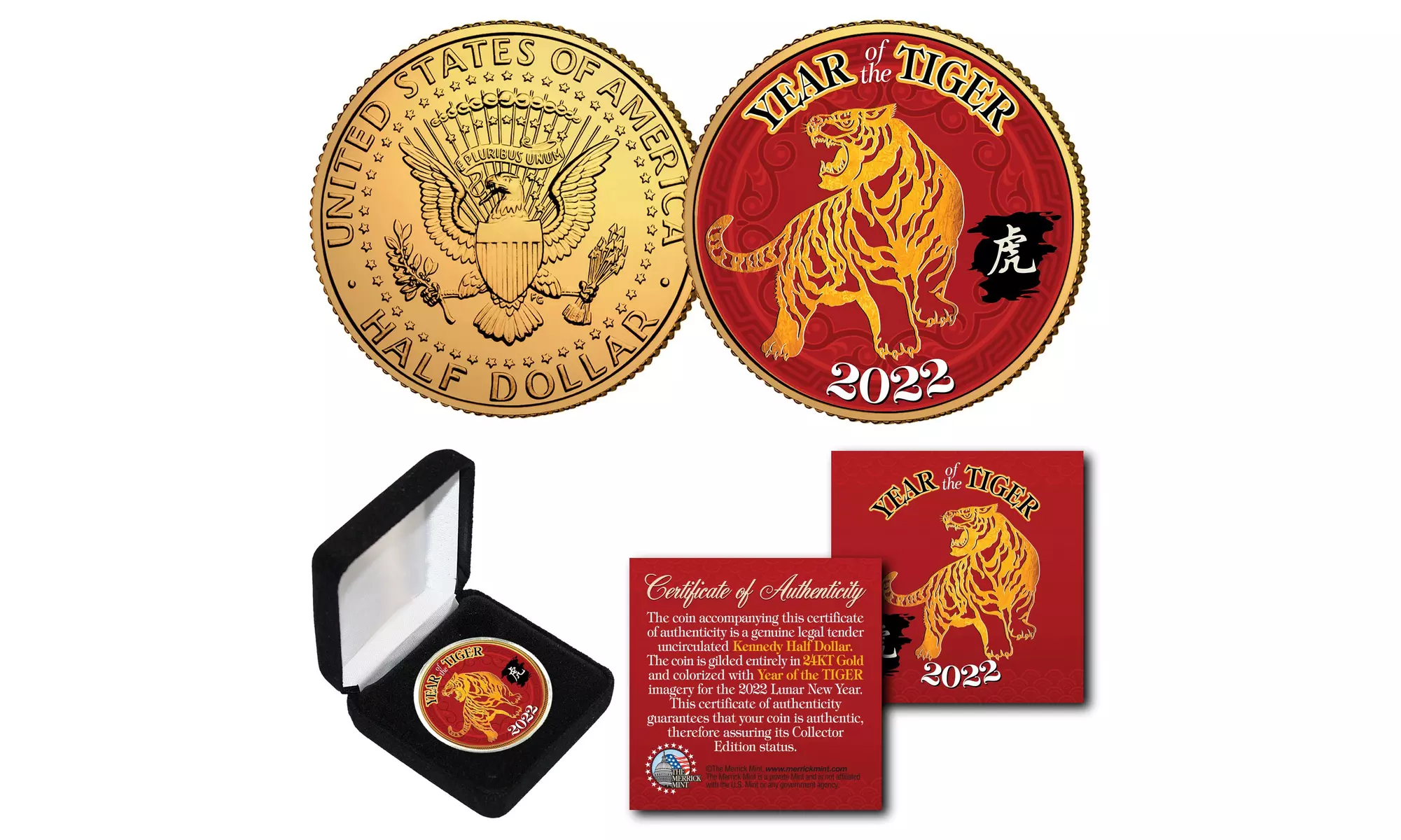 2022 Lunar New YEAR OF THE TIGER 24K Gold Plated JFK Half Dollar US Coin w/ BOX - Second Medium
