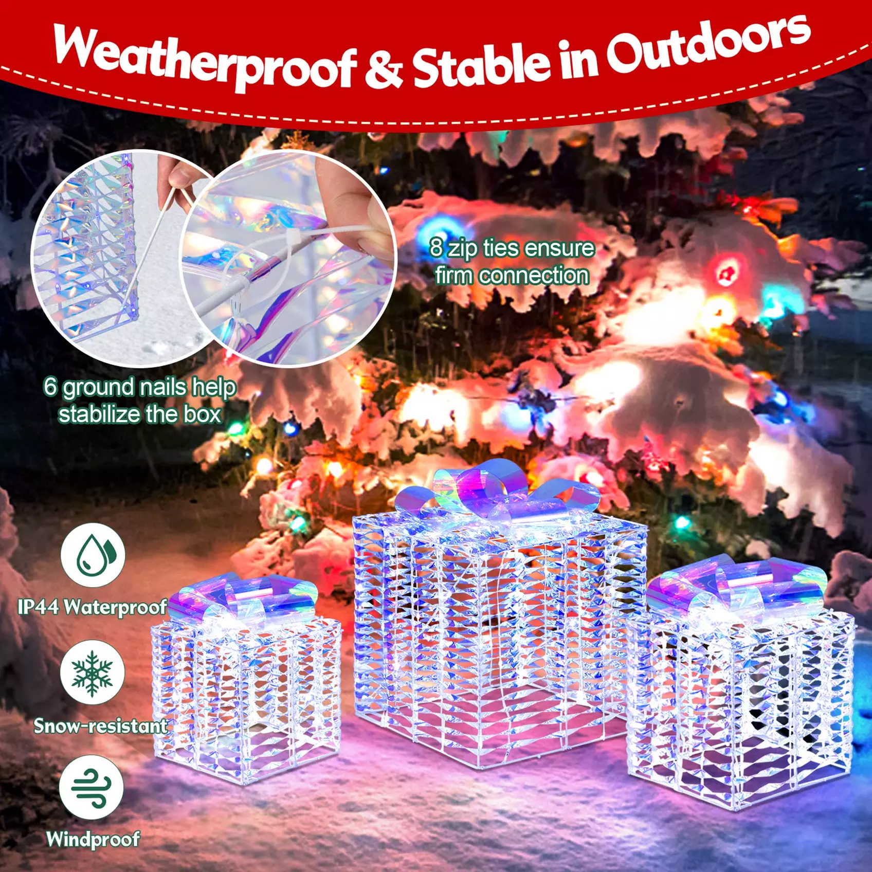 Costway 3 Sets Iridescent Christmas Gift Box LED Lighted Present Box Decor Yard