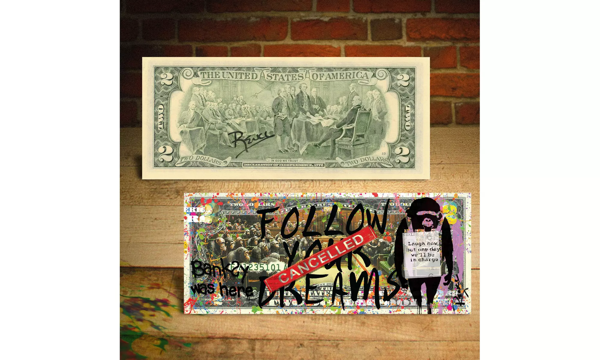 BANKSY WAS HERE Devolved UK Parliament Art Two-Dollar Bill SIGNED by Rency - Second Medium