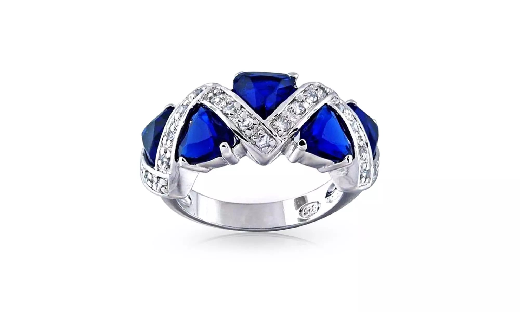 Blue CZ Trillion Zig Zag Band Ring Royal Blue Sterling Silver - Primary Image