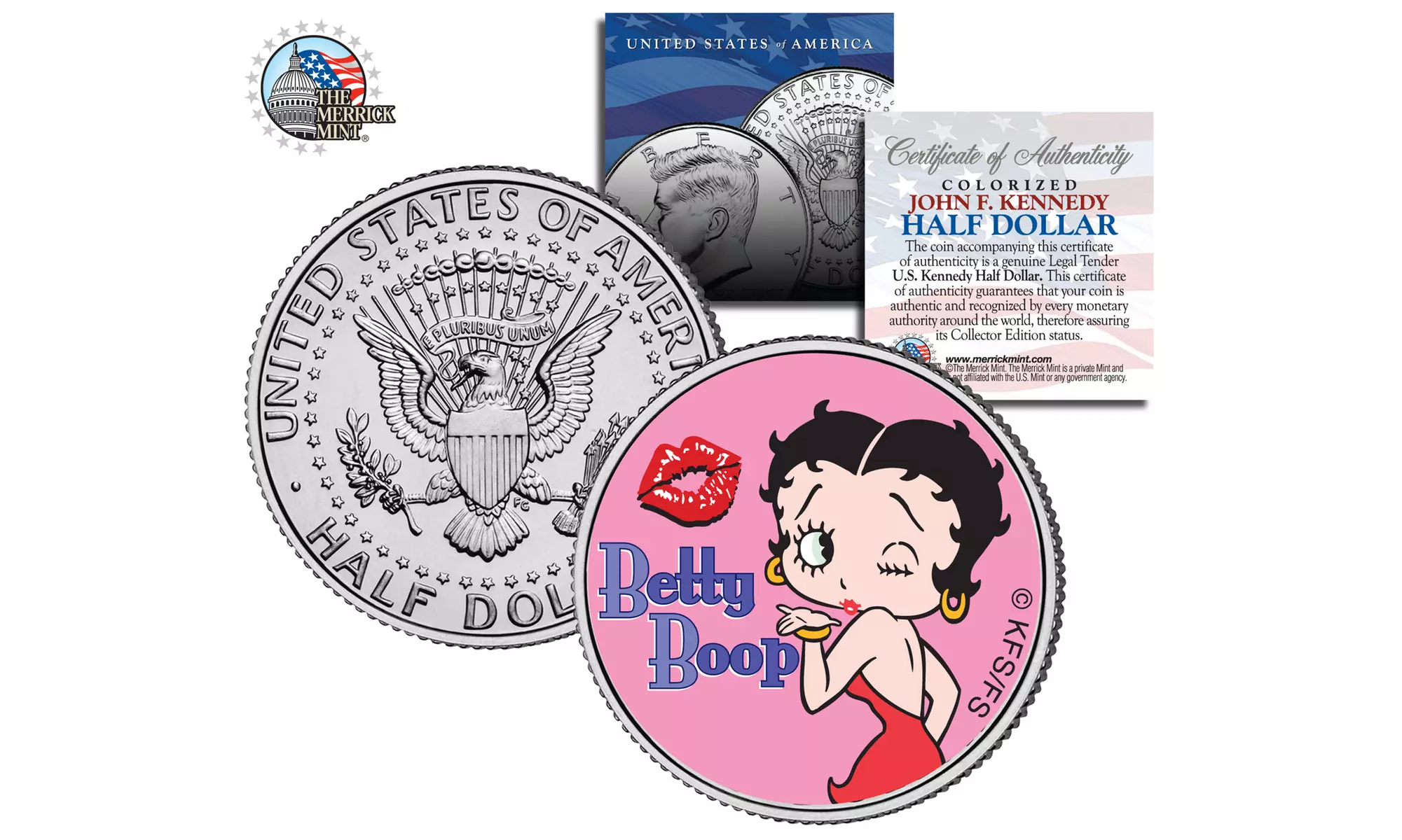 Betty Boop Collectibles - Choice of JFK Half Dollar or 3-Coin State Quarter Set