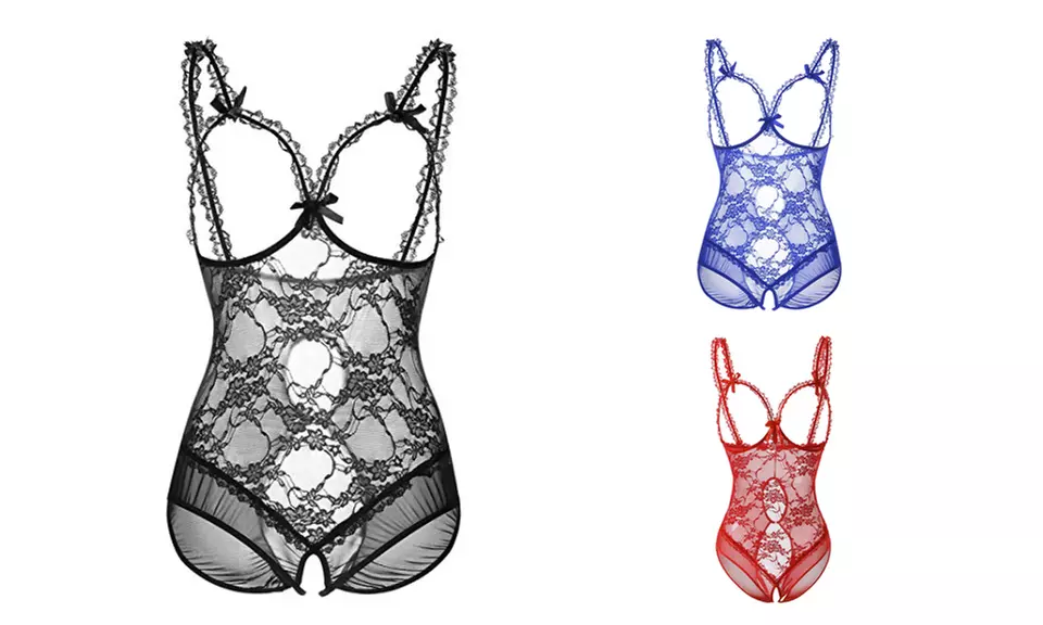 Women Open Cup Crotchless One Piece Sexy Lingerie Teddy Lace Nightie - Primary Image