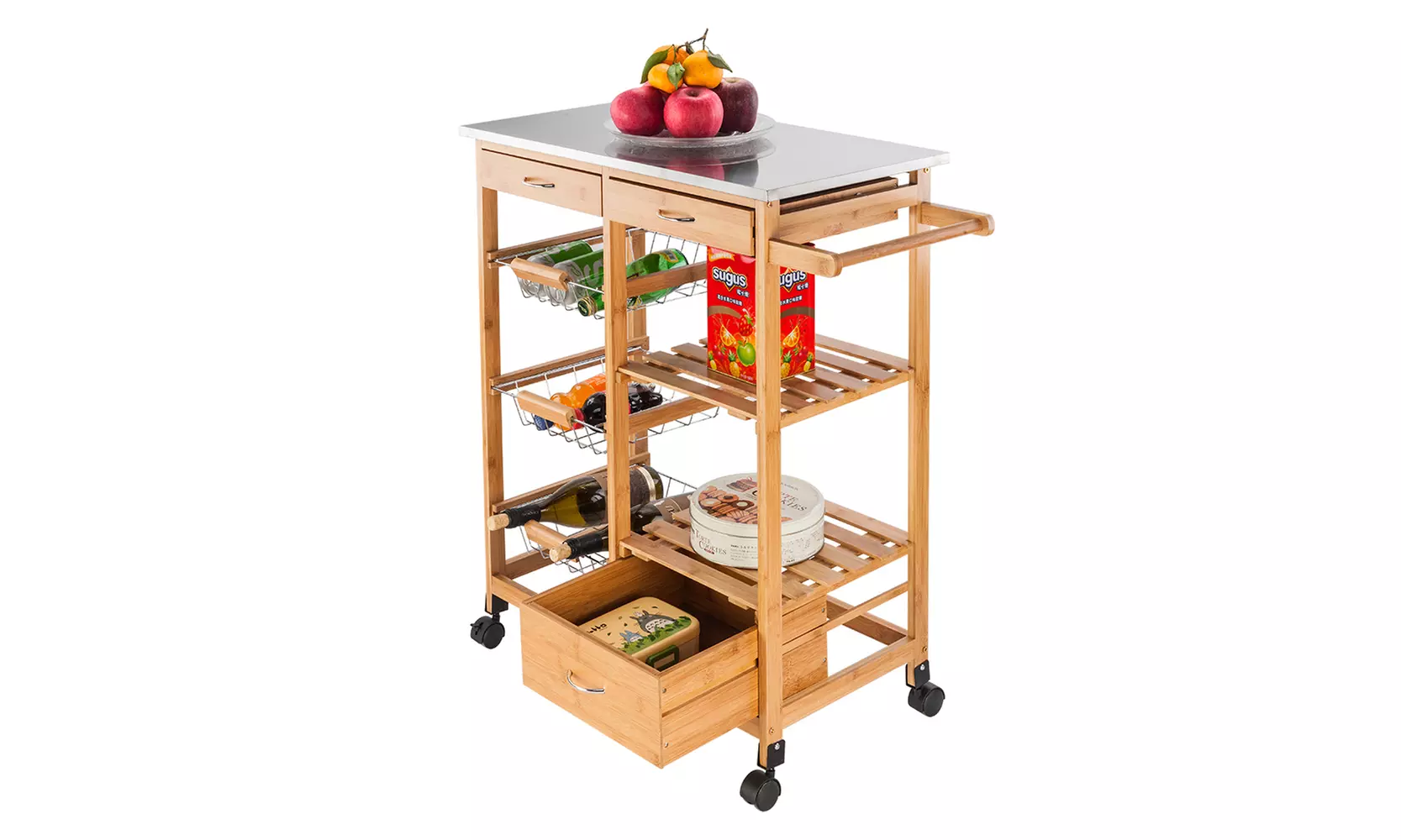 Wood Kitchen Trolley Cart Stainless Steel Top Rolling Storage Cabinet Island - Second Medium