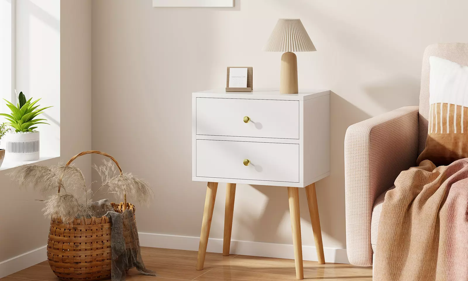 Mid Century Modern 2 Drawers Nightstand In White Sofa Side Table End Table