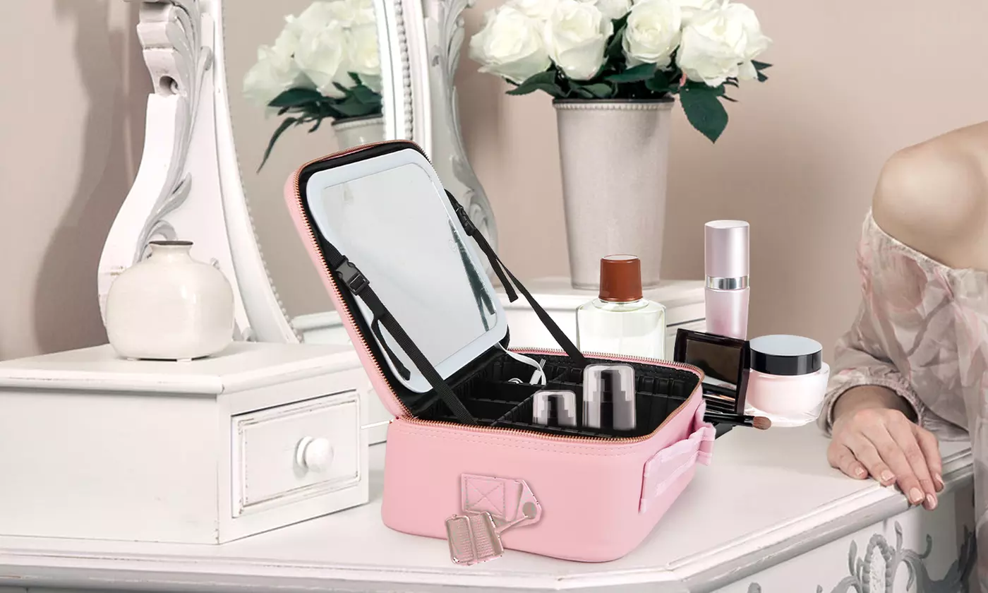 N'POLAR Travel Makeup Bag with Adjustable Dividers, LED Mirror and Brush Holder