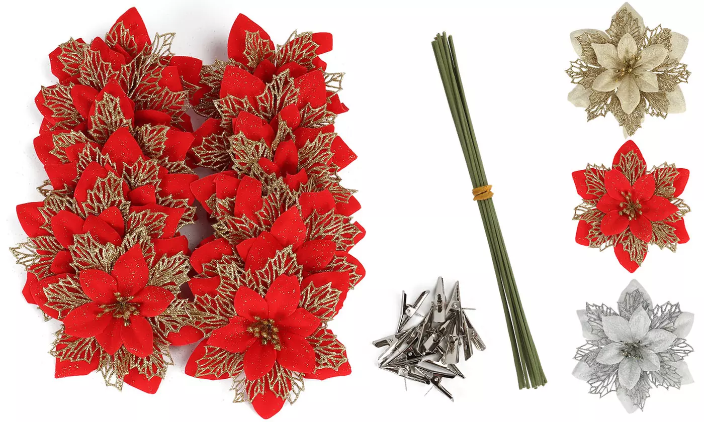 Artificial Poinsettia Flower with Clips and Stems Xmas Tree Ornaments(12 Pack)) - Primary Image
