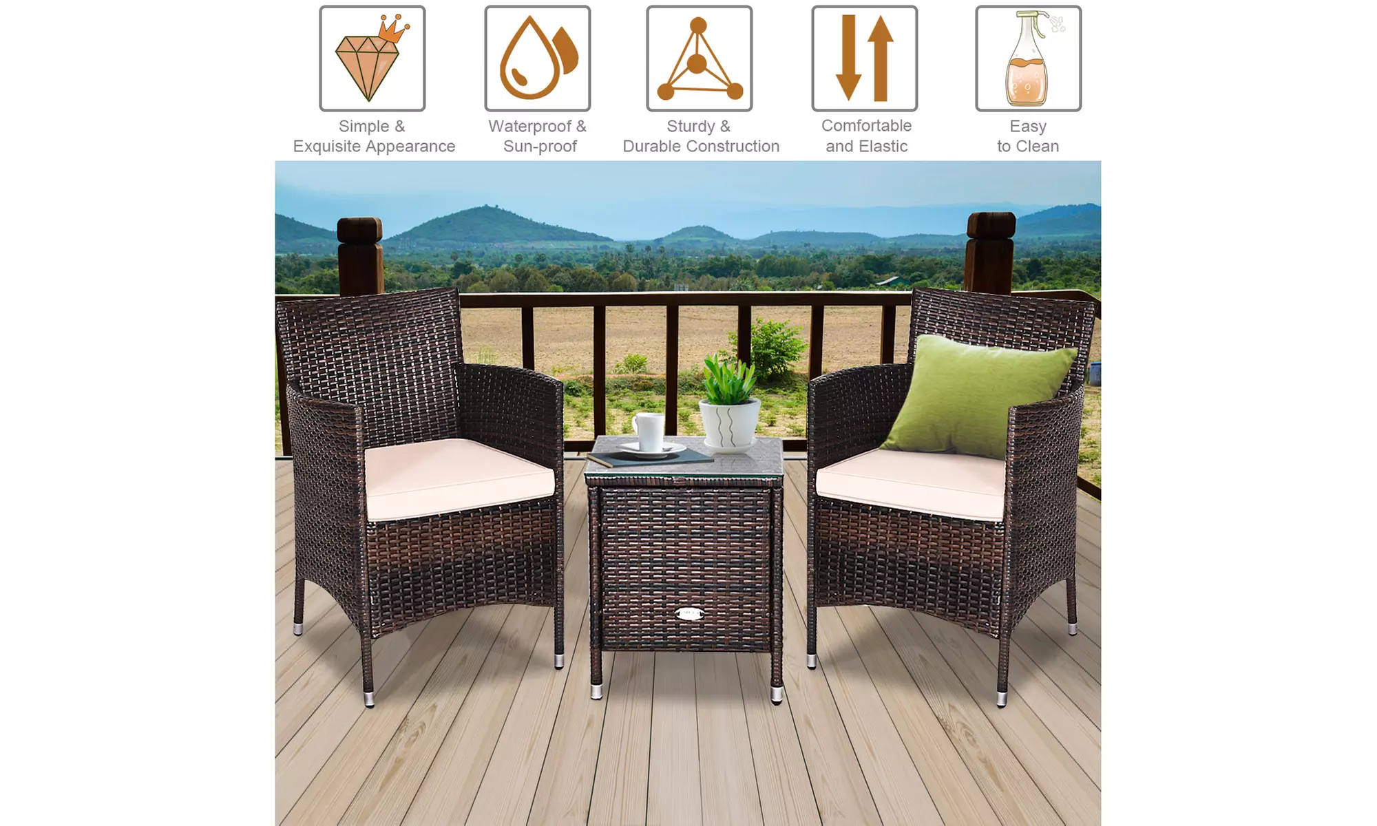 Costway Outdoor 3 PCS PE Rattan Wicker Furniture Sets Chairs Coffee Table Garden