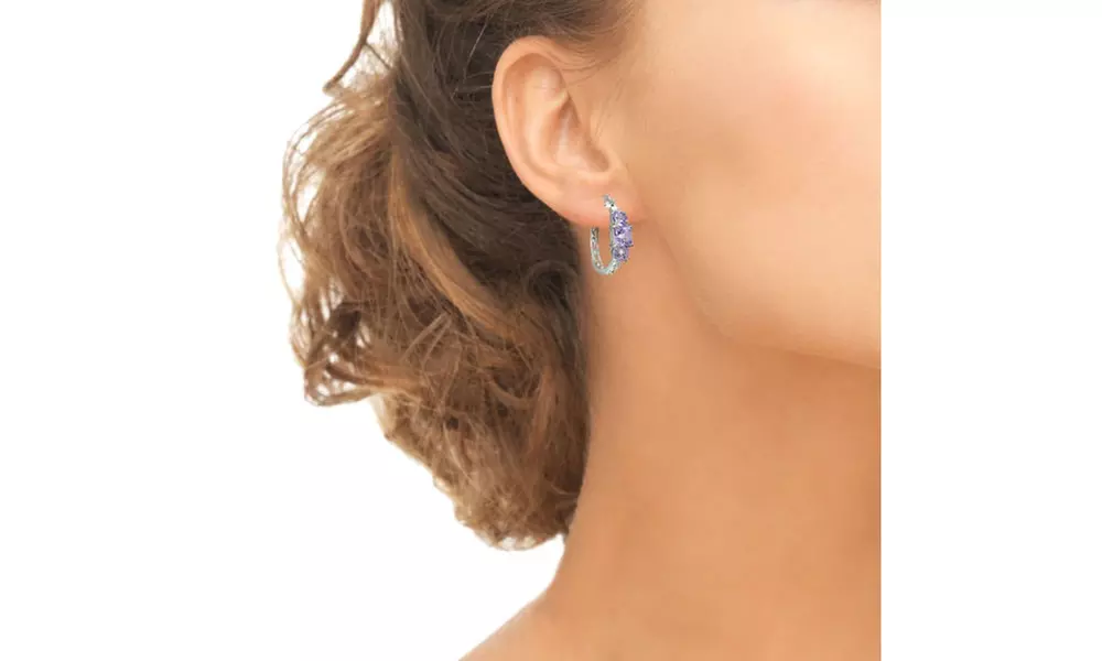 Sterling Silver Amethyst Three-Stone Filigree Hoop Earrings