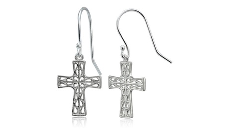 Sterling Silver High Polished Filigree Cross Dangle Earrings