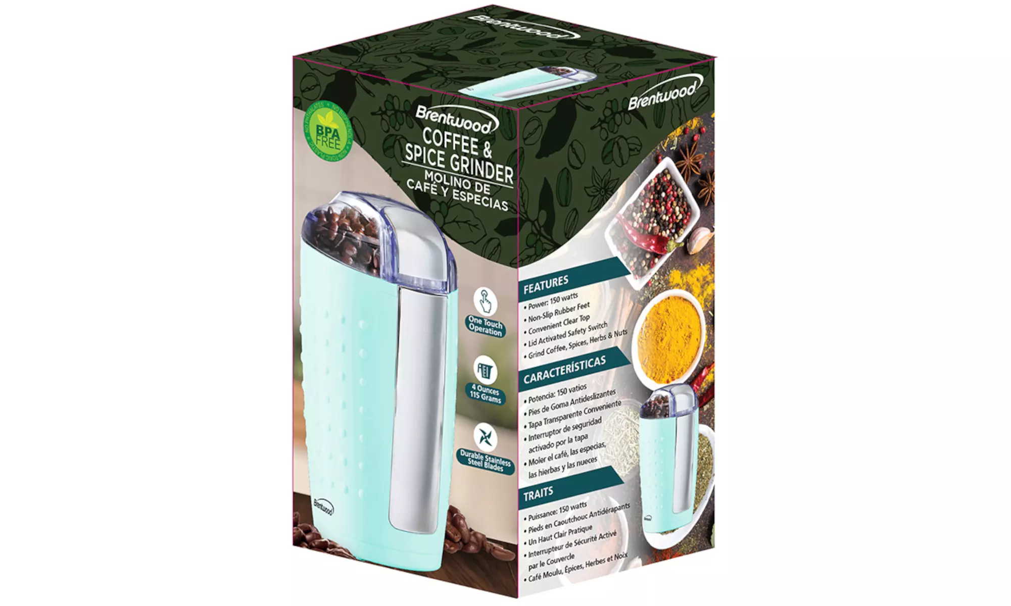 Brentwood CG-158BL 4oz Coffee and Spice Grinder - Blue - Second Medium