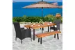 5 -Piece Acacia Wood Dining Set w/2 Wicker Chair 2 Bench Umbrella Hole - Second Medium