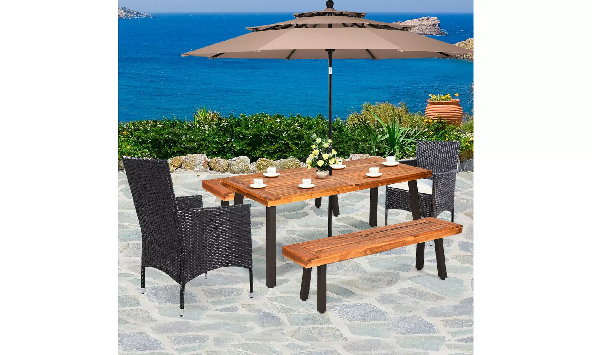5 -Piece Acacia Wood Dining Set w/2 Wicker Chair 2 Bench Umbrella Hole