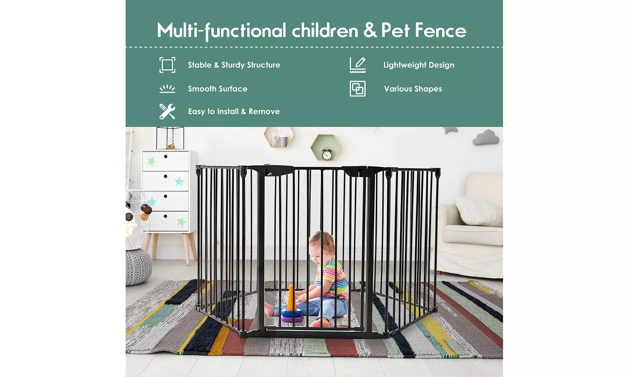 Multifunction 6 Panel Metal Gate Baby Pet Fence Safe Playpen Barrier Wall-mount