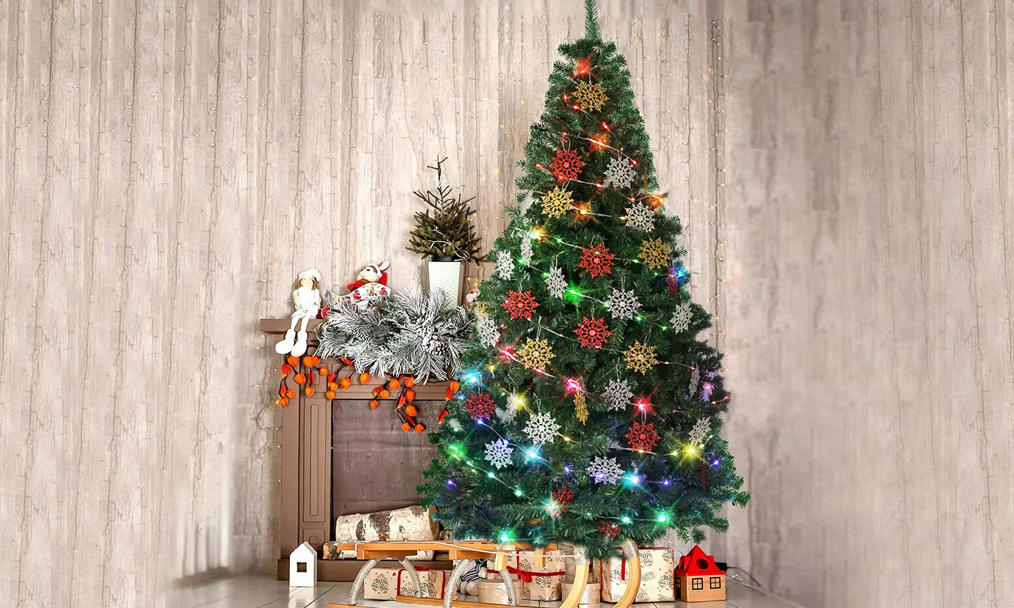 6 Ft Christmas Tree with 200LED RGB Color Changing Lights Snowflakes Metal Legs - Primary Image