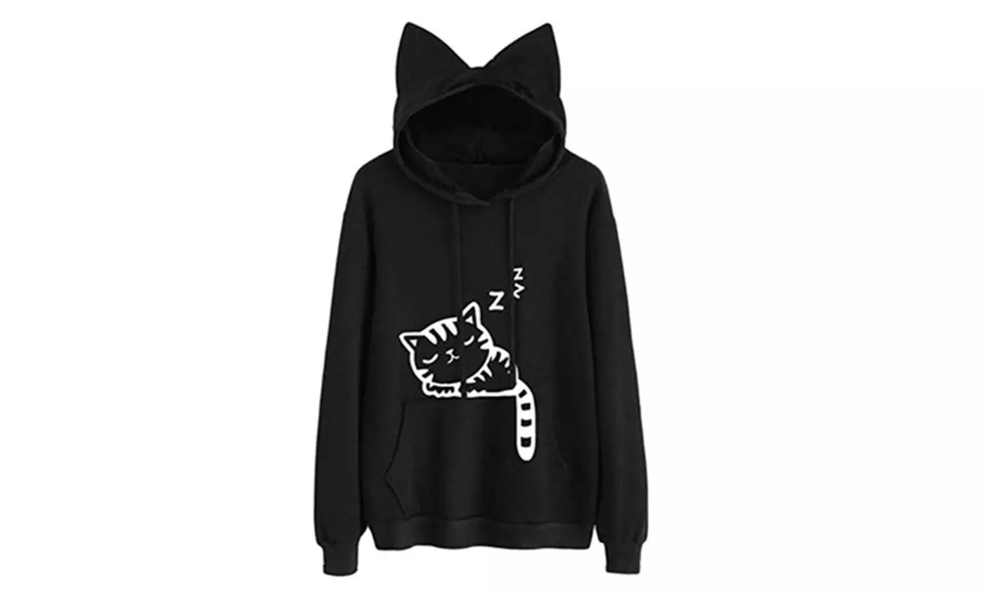 Women Fashion Cartoon Printed Hooded Drawstring Sweatshirt - Image 5