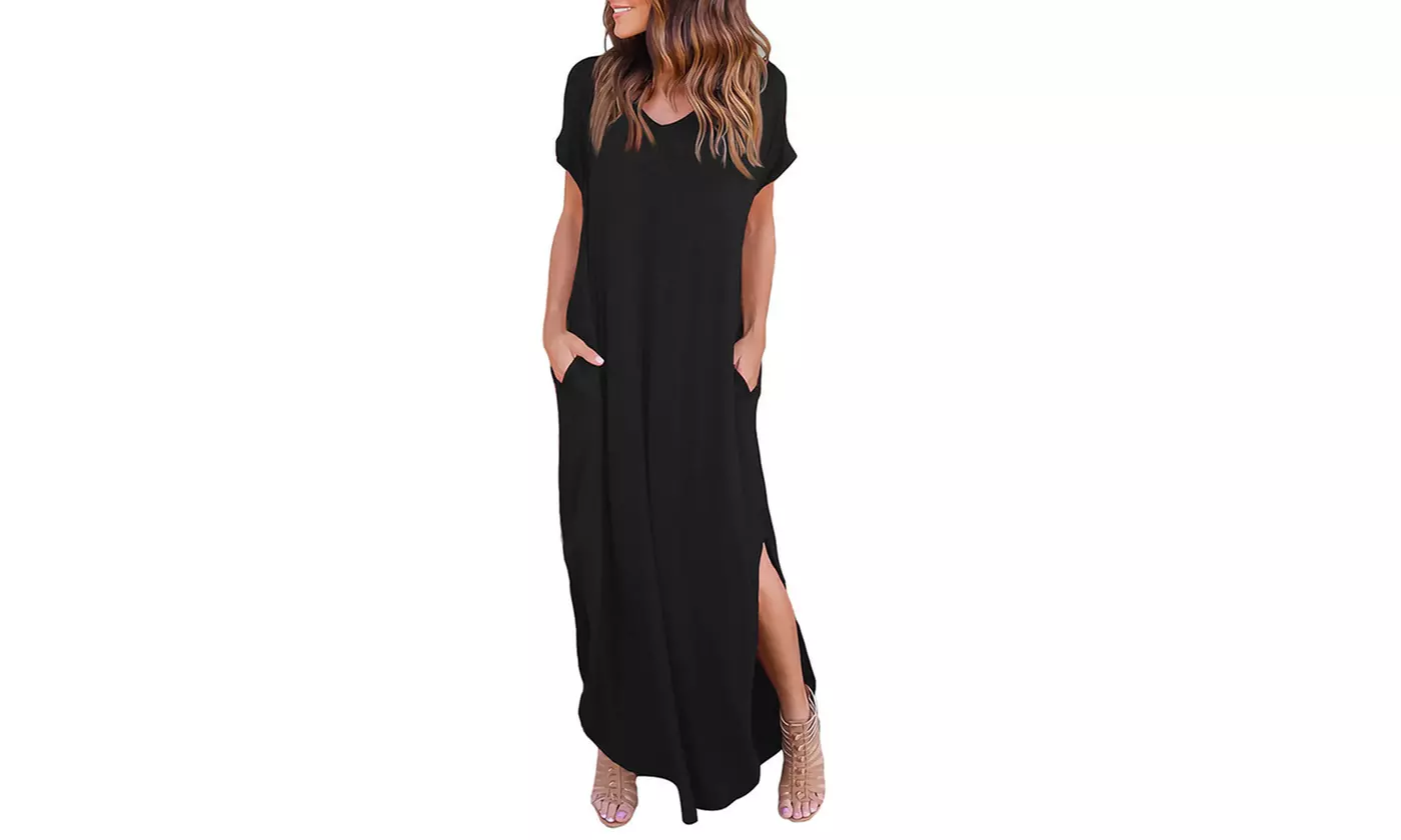 Women's Casual V-Neck Short Sleeve Side Slit Maxi Dress with Pockets