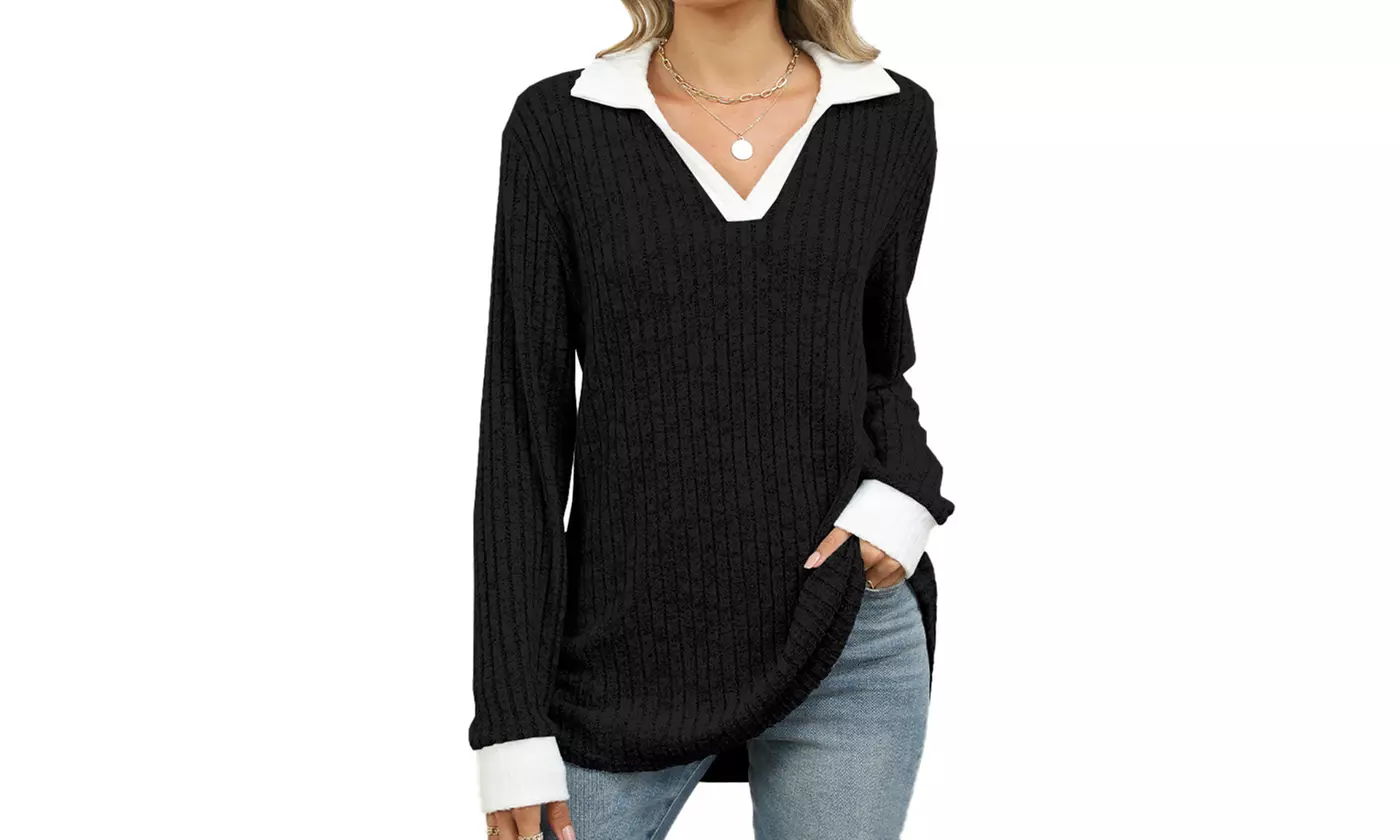 Women's Long Sleeve Lapel Blouse V-Neck Ribbed Knit Tunic Top
