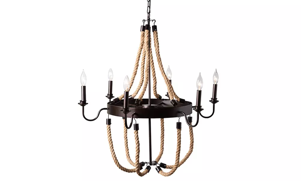 Cassia Antique Style Hemp and Dark Bronze Metal 6 Light Chandelier - Primary Image