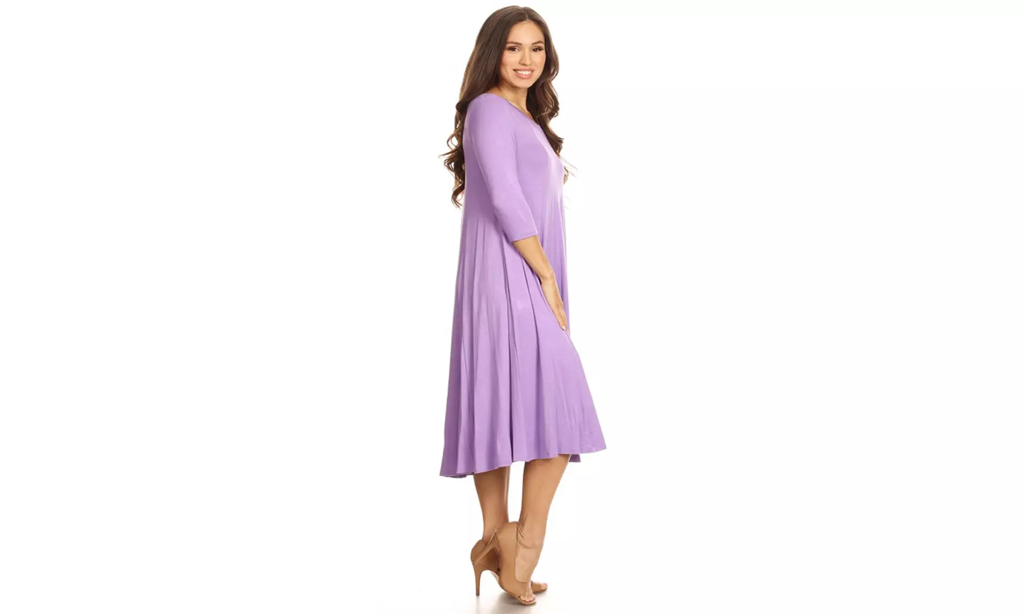 Women's Solid Casual Comfy 3/4 Sleeve Loose Fit A-line Midi Dress