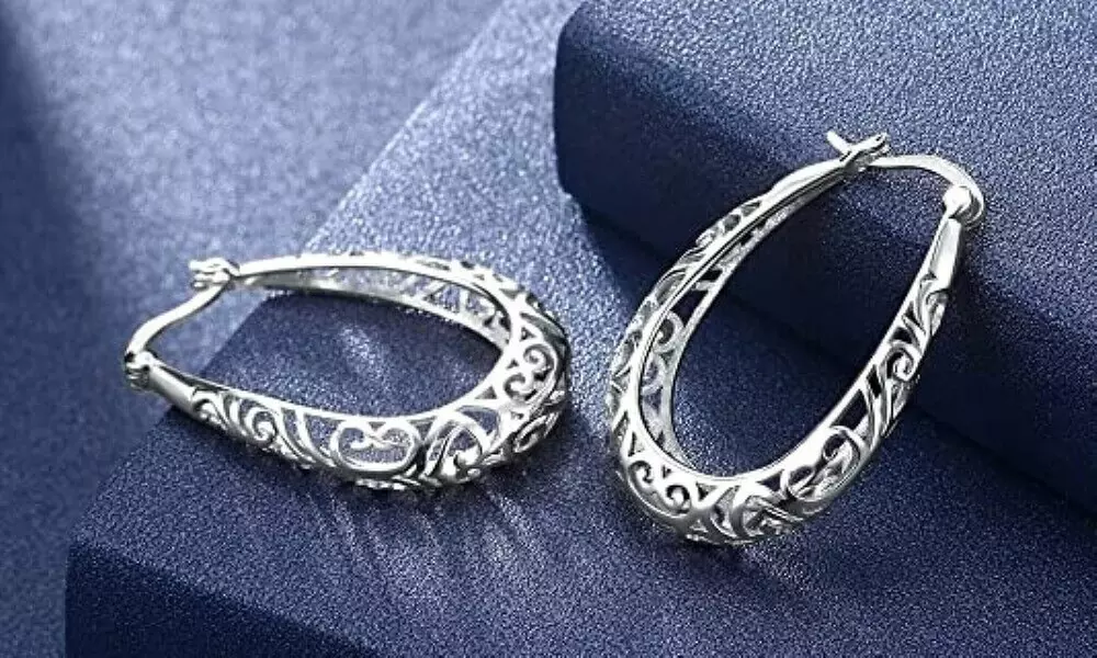 Italian Made 925 Sterling Silver Oval Filigree Hoop Earrings