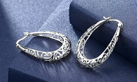 Italian Made 925 Sterling Silver Oval Filigree Hoop Earrings 18K White Gold Plated