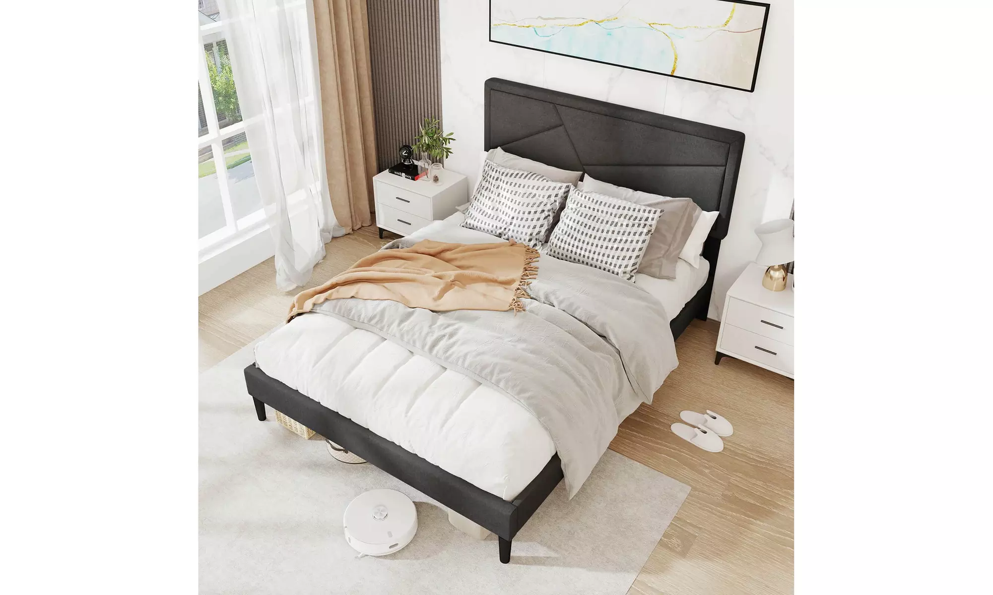 Costway Bed Frame with High Headboard and Wooden Slats