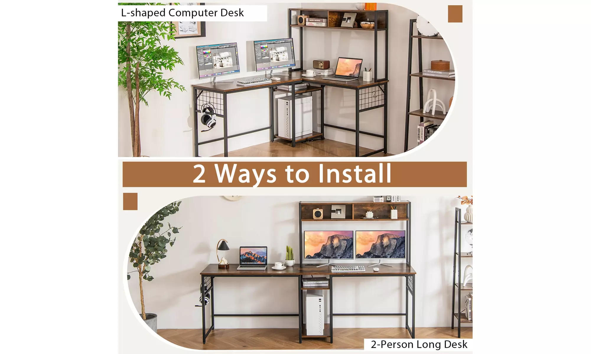L-shaped Desk with Power Outlet Large Corner Desk Converts to 2-Person Long Desk