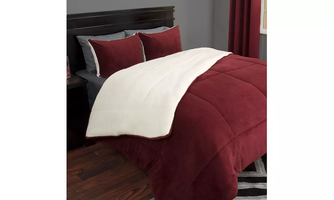 Lavish Home 3 Piece Sherpa/Fleece Comforter Set - King - Burgundy - Primary Image