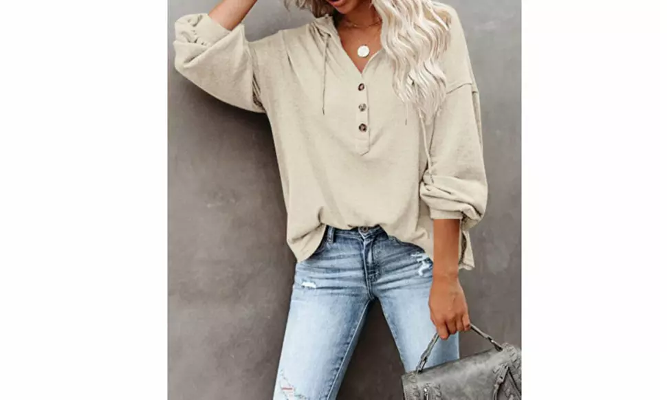 Women Drawstring V Neck Long Sleeve Henley Shirts Button Hoodies Tunic Tops