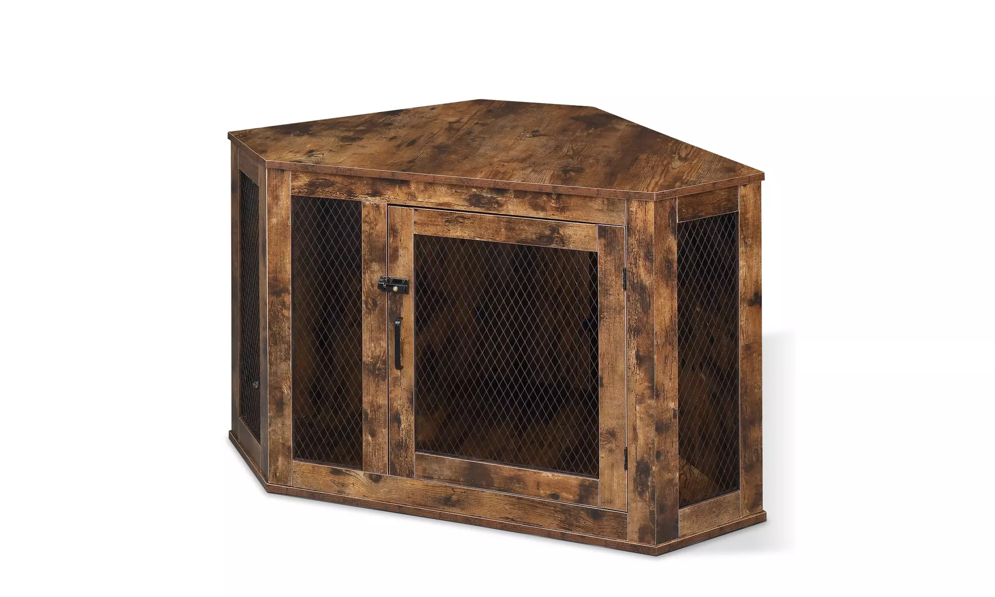 Corner Dog Crate with Lockable Doors Wooden Corner Dog Kennel with Metal Mesh - Primary Image