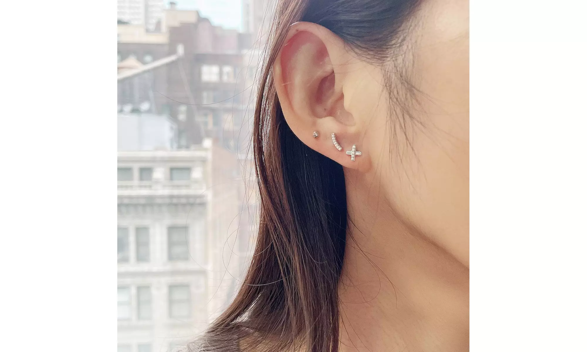 3 Pairs Set 1/10 Cttw Diamond Circle XO Curved Bar Stud Earrings 925 Silver