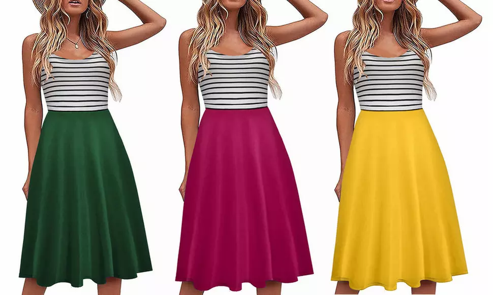 Women's Summer Striped Printed Sleeveless Round Neck A-Line Tank Midi Dress - Primary Image