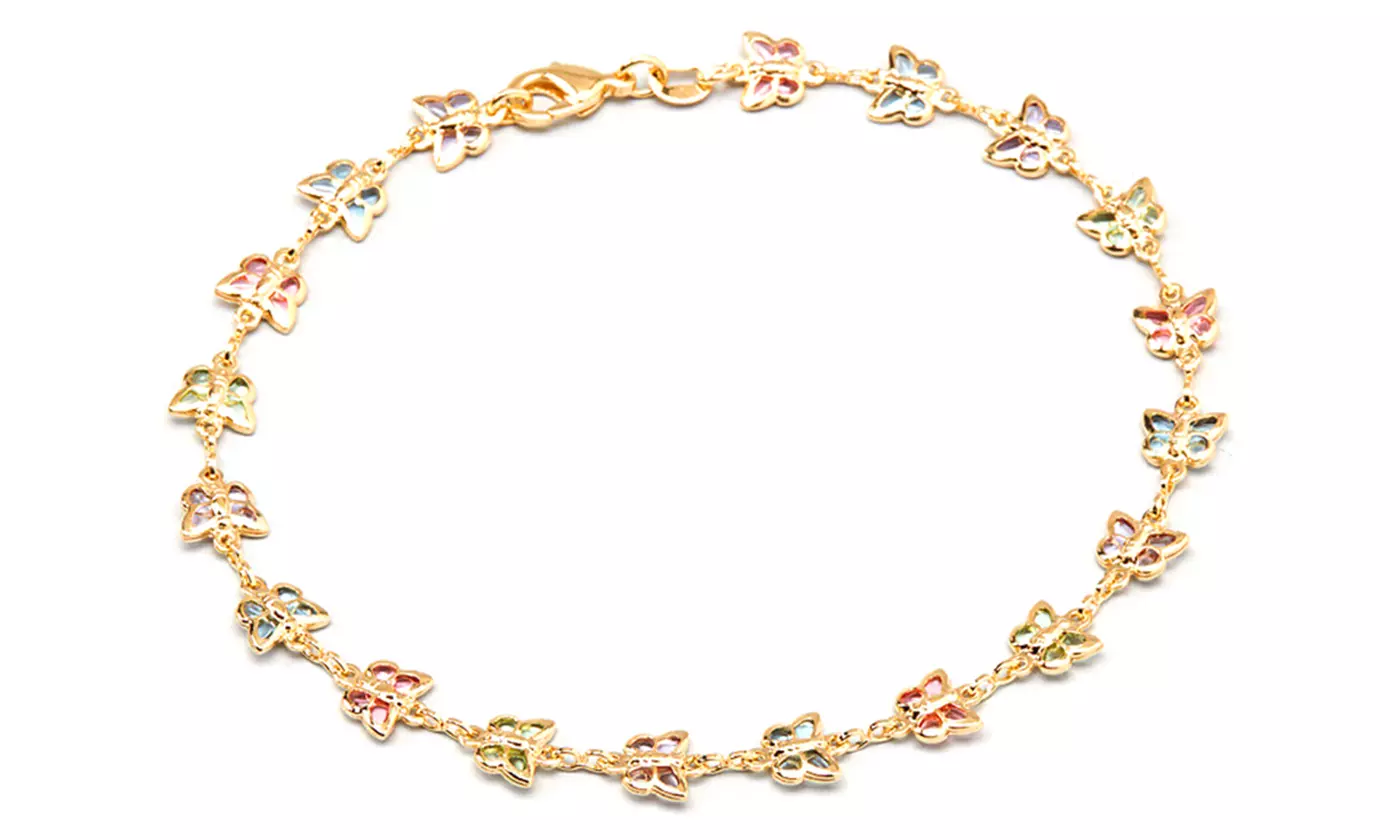 18K Gold Plated Multi Color Crystal Butterfly Ankle Bracelet