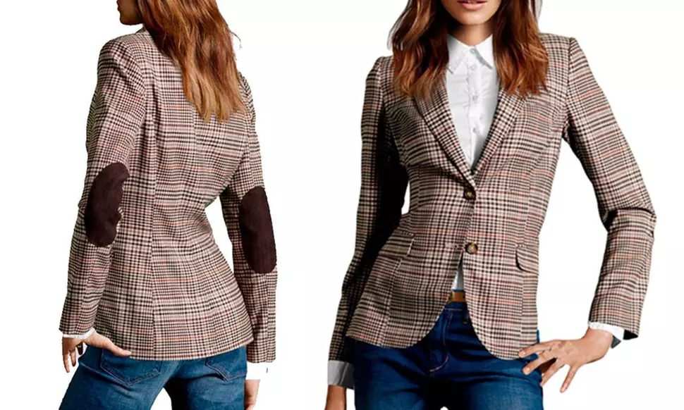 Women's Vintage Two Button Plaid Blazer Elbow Patch Slim Fit Long Blazer Jacket - Primary Image