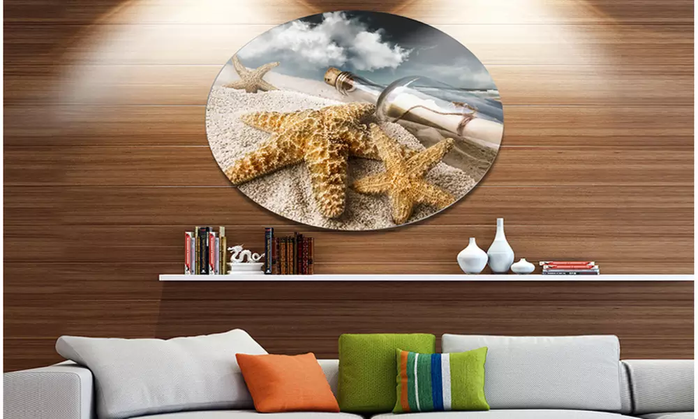 Message Bottle Buried in Sand' Disc Seascape Metal Circle Wall Art - Primary Image