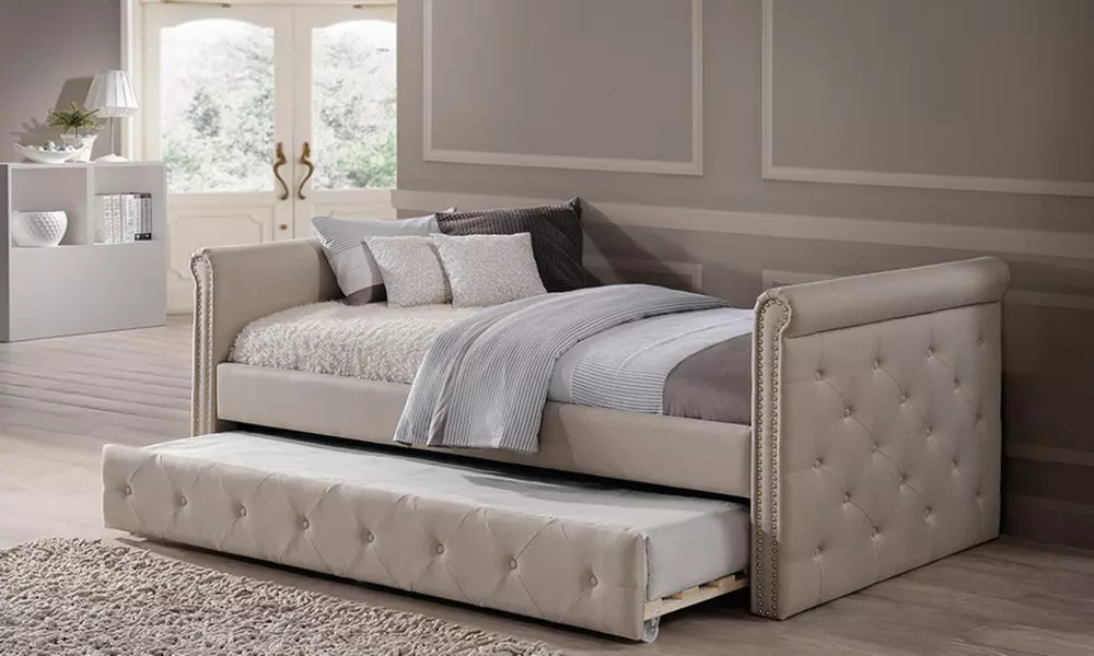Swanson Fabric Tufted Daybed with roll-out Trundle Guest Bed - Second Medium