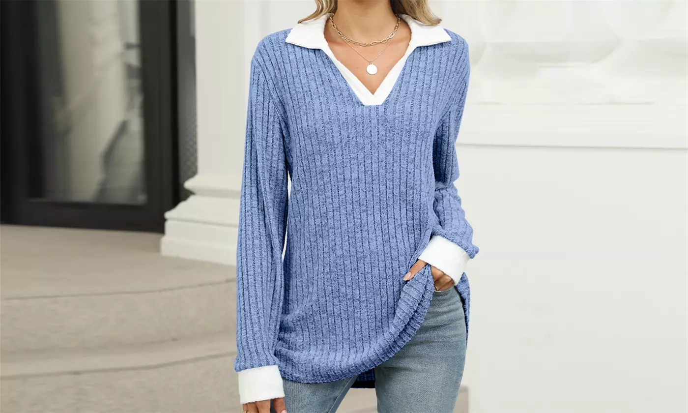 Women's Long Sleeve Lapel Blouse V-Neck Ribbed Knit Tunic Top