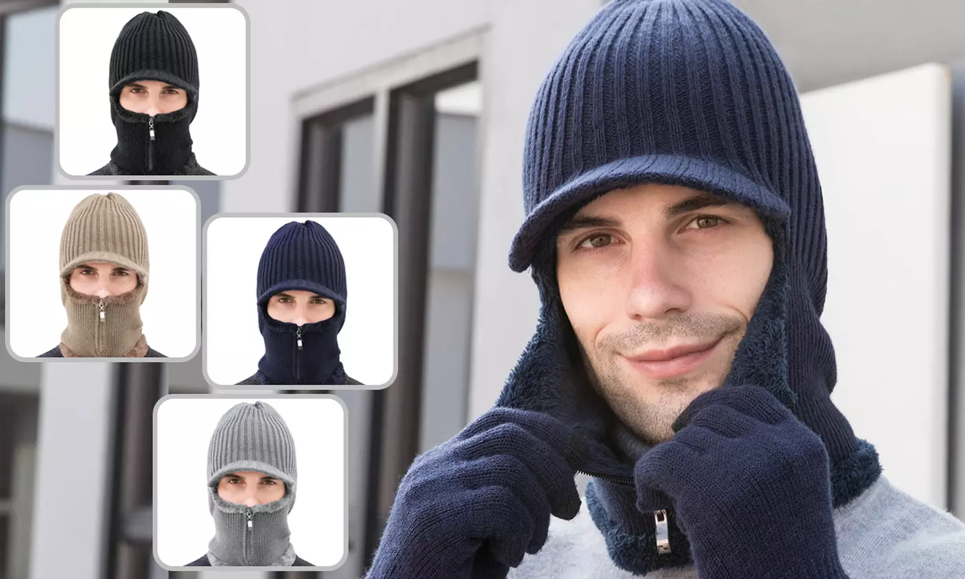 Men Winter Zipper Knit Ski Mask Face Balaclava Brim Cap - Primary Image