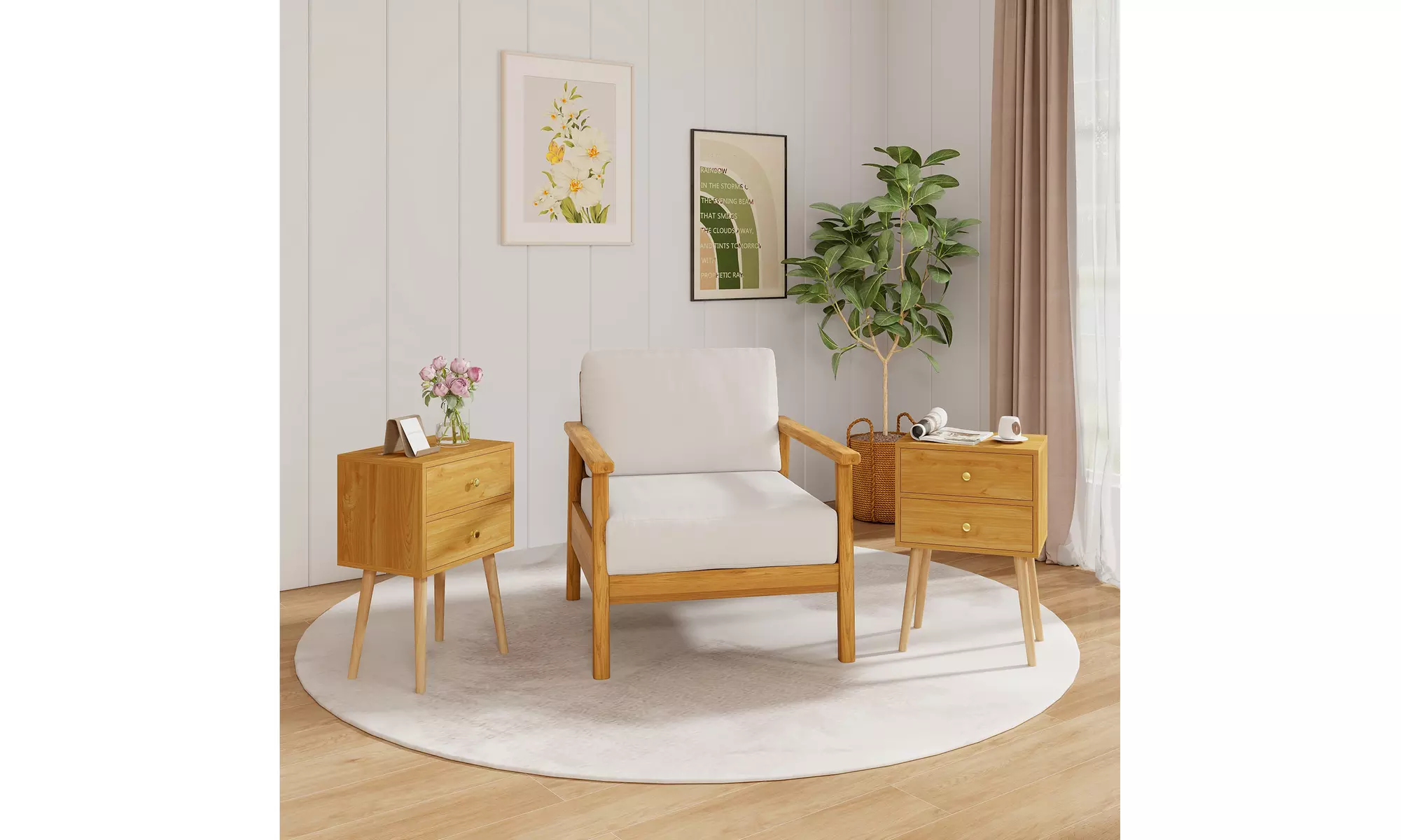 Mid Century Modern 2 Drawers Nightstand Natural Sofa Side End Table 