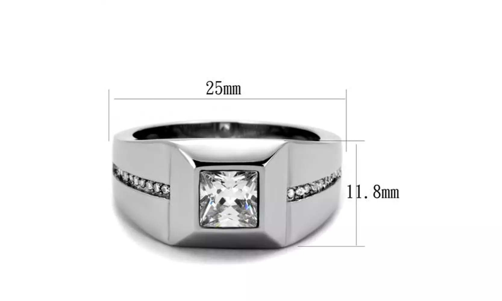 Mens Stainless Steel and Cushion Cut Cubic Zirconia Flush Setting Ring