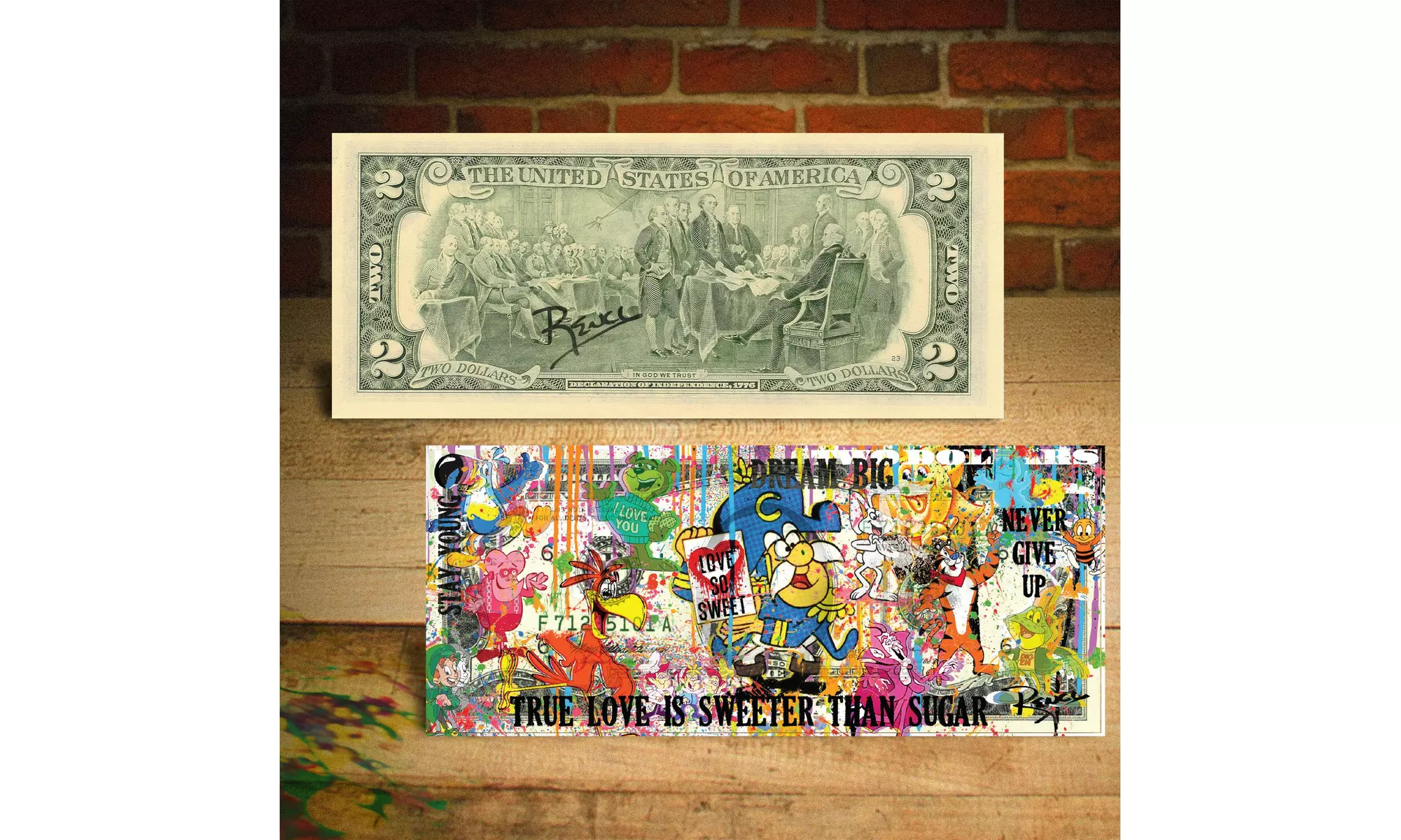 Famous Iconic CEREAL Characters Two-Dollar Bill Pop Art HAND-SIGNED by Rency - Second Medium