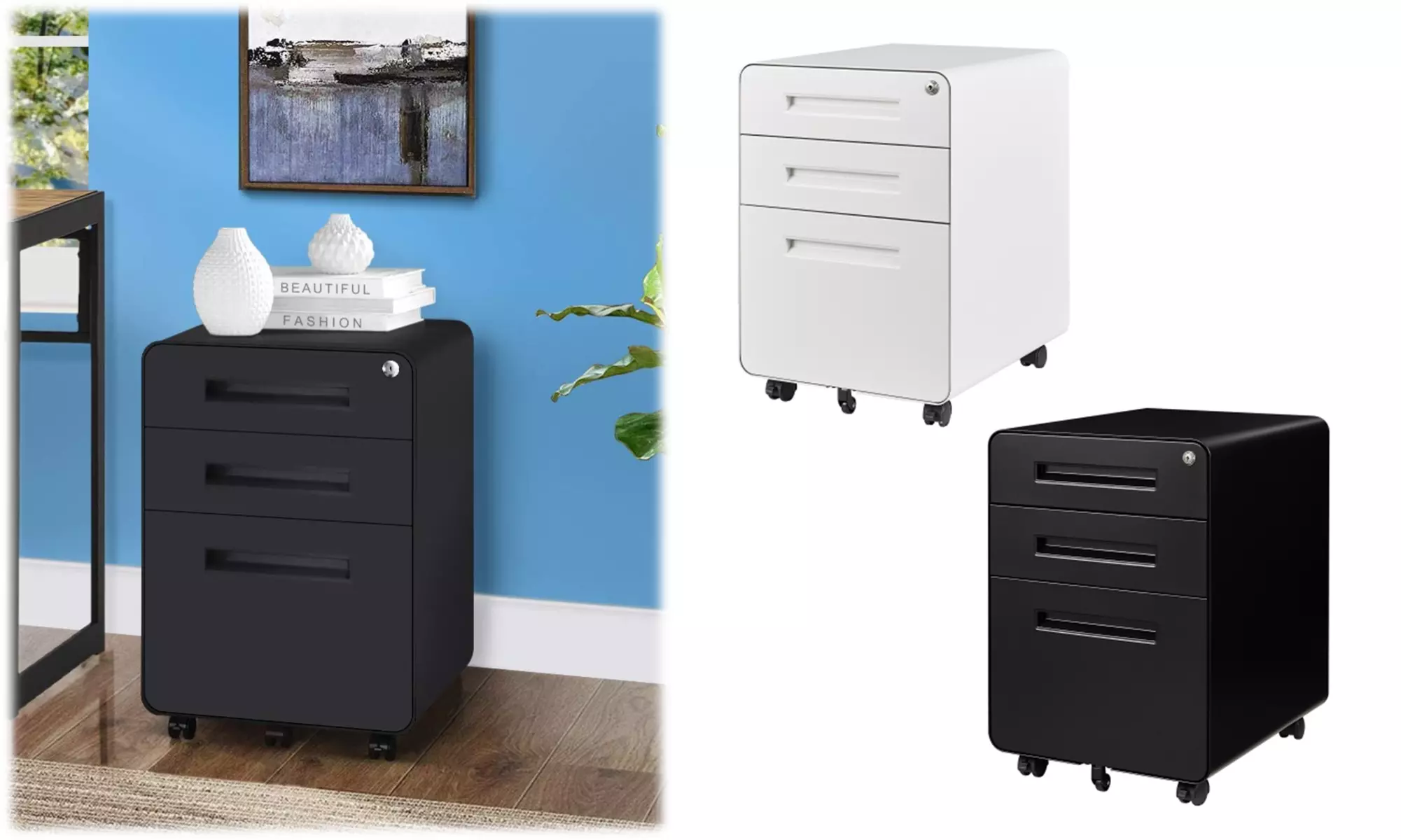 File Office Cabinet, 3 Drawer Metal Storage Filing Cabinet with Lock and Key - Primary Image