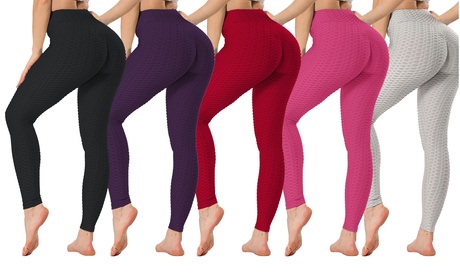 Women'sHigh Waist Textured Butt Lifting Slimming Workout Leggings Tights Pants M Pink