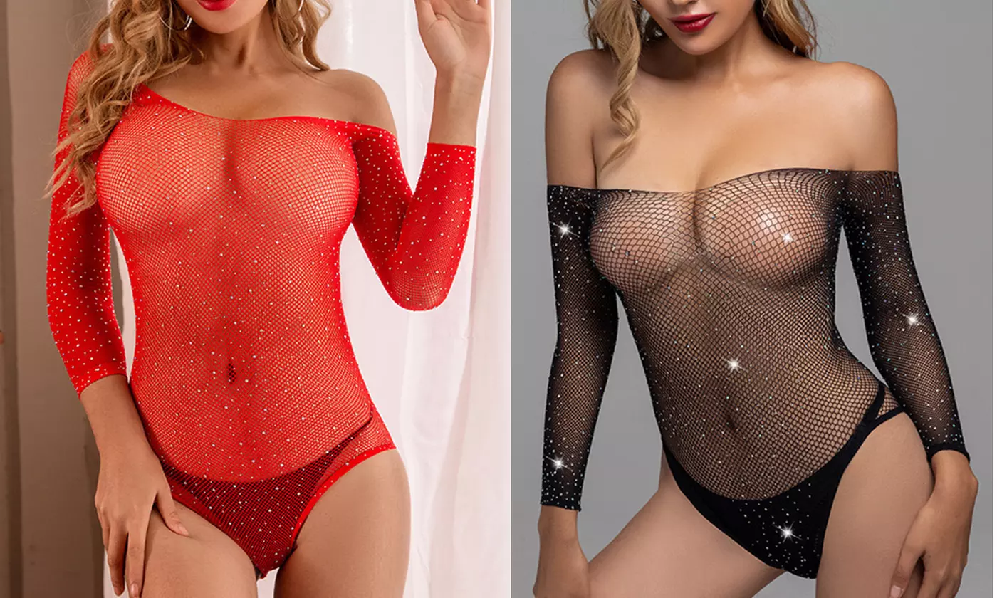 Sexy Sparkle Rhinestone Mesh Teddy Lingerie