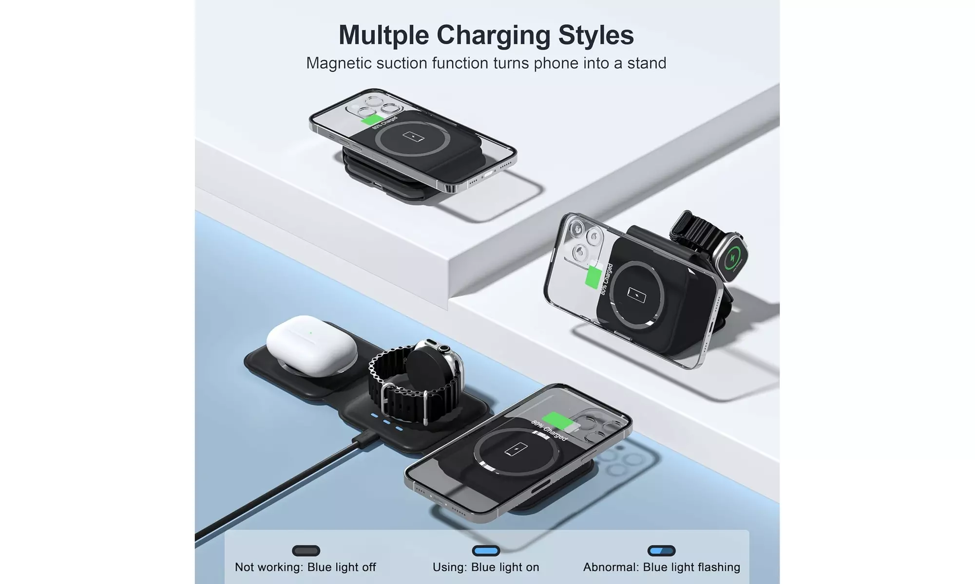 Foldable 3-in-1 Wireless Charging Station for Multiple Devices