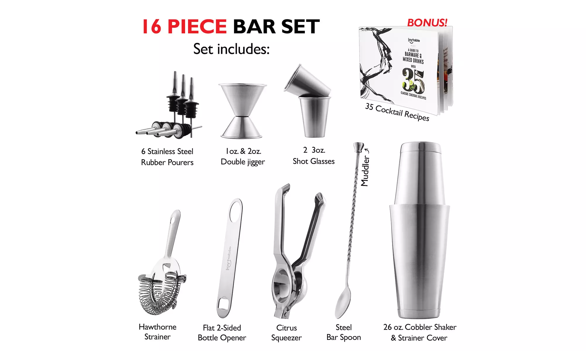 JoyTable Cocktail Shaker Home Bar Set - 16 Piece Bar Set Tools Bartender Kit 