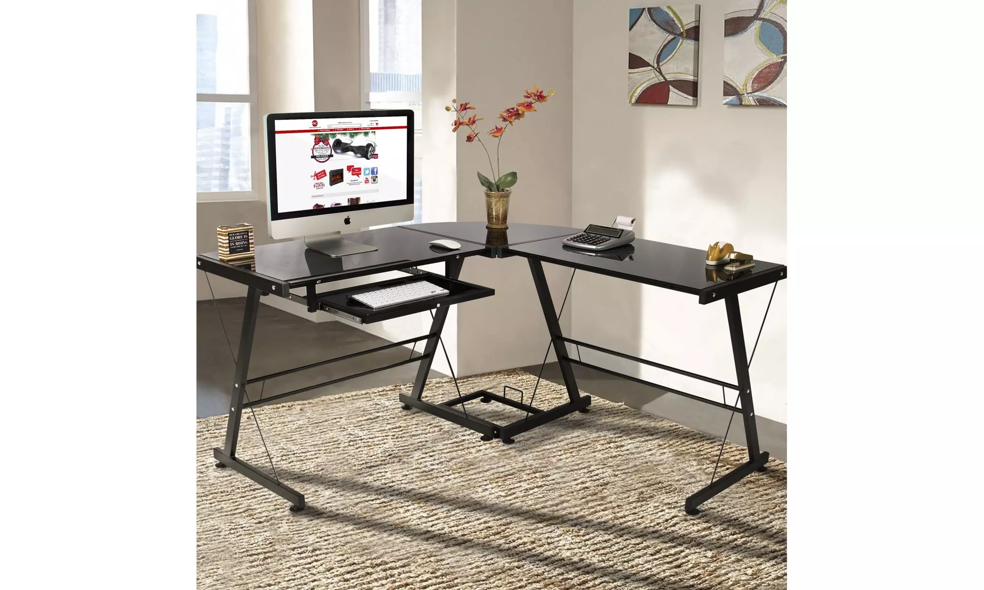 Home Office PC Writing Desk Furniture L-Shaped Glass PC Table Computer Desk - Primary Image